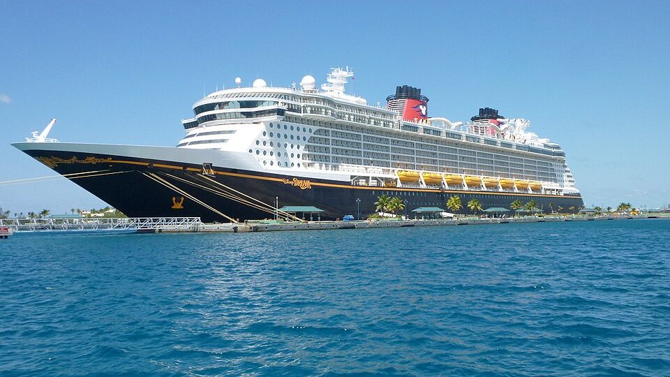 The Disney Dream alongside at Nassau, seen from the water