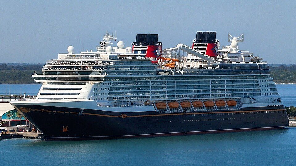The Disney Wish alongside at Port Canaveral, seen from the port side